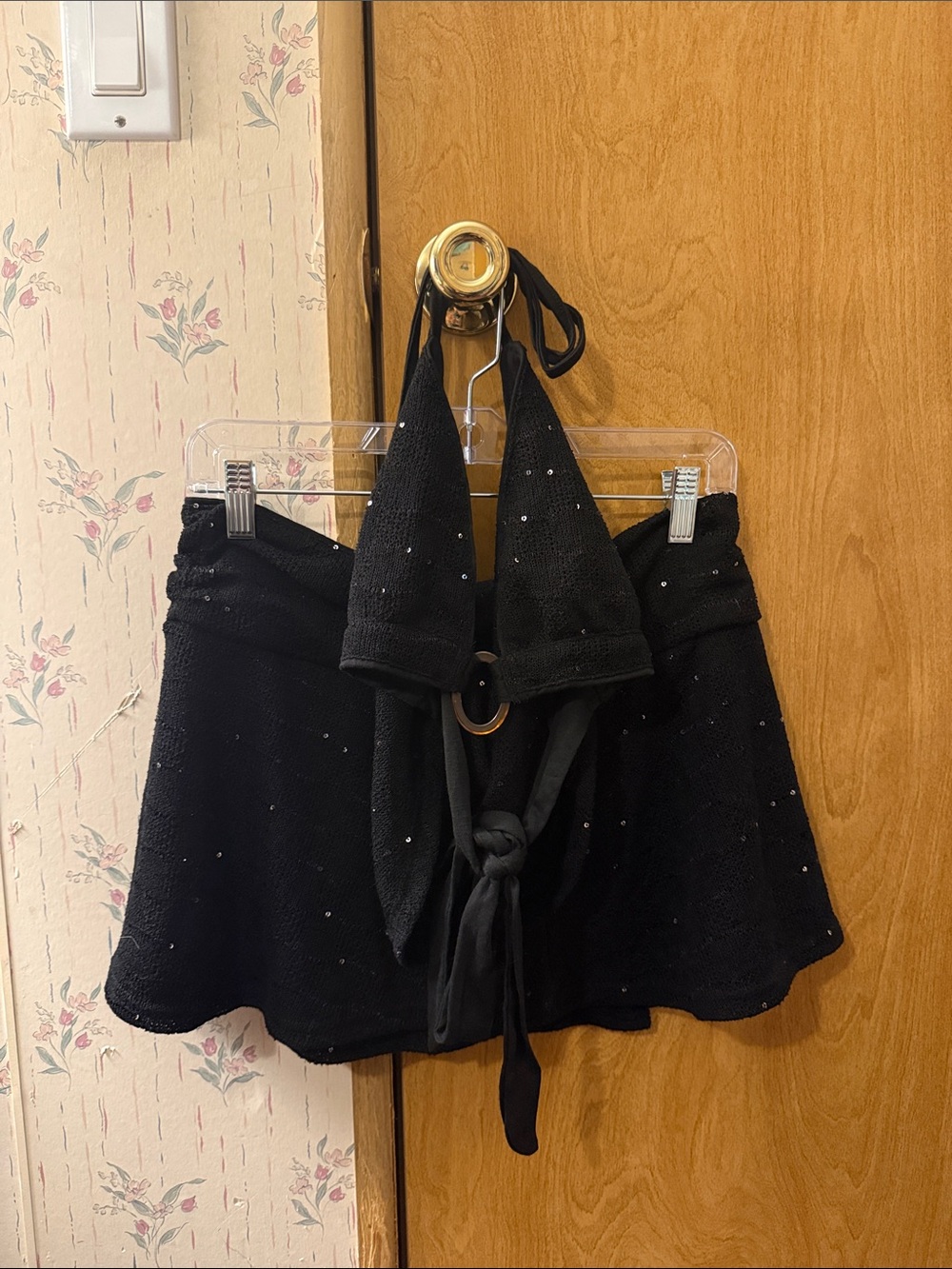 SHEIN Black Rhinestone Tie-Front Skater Mini Skirt